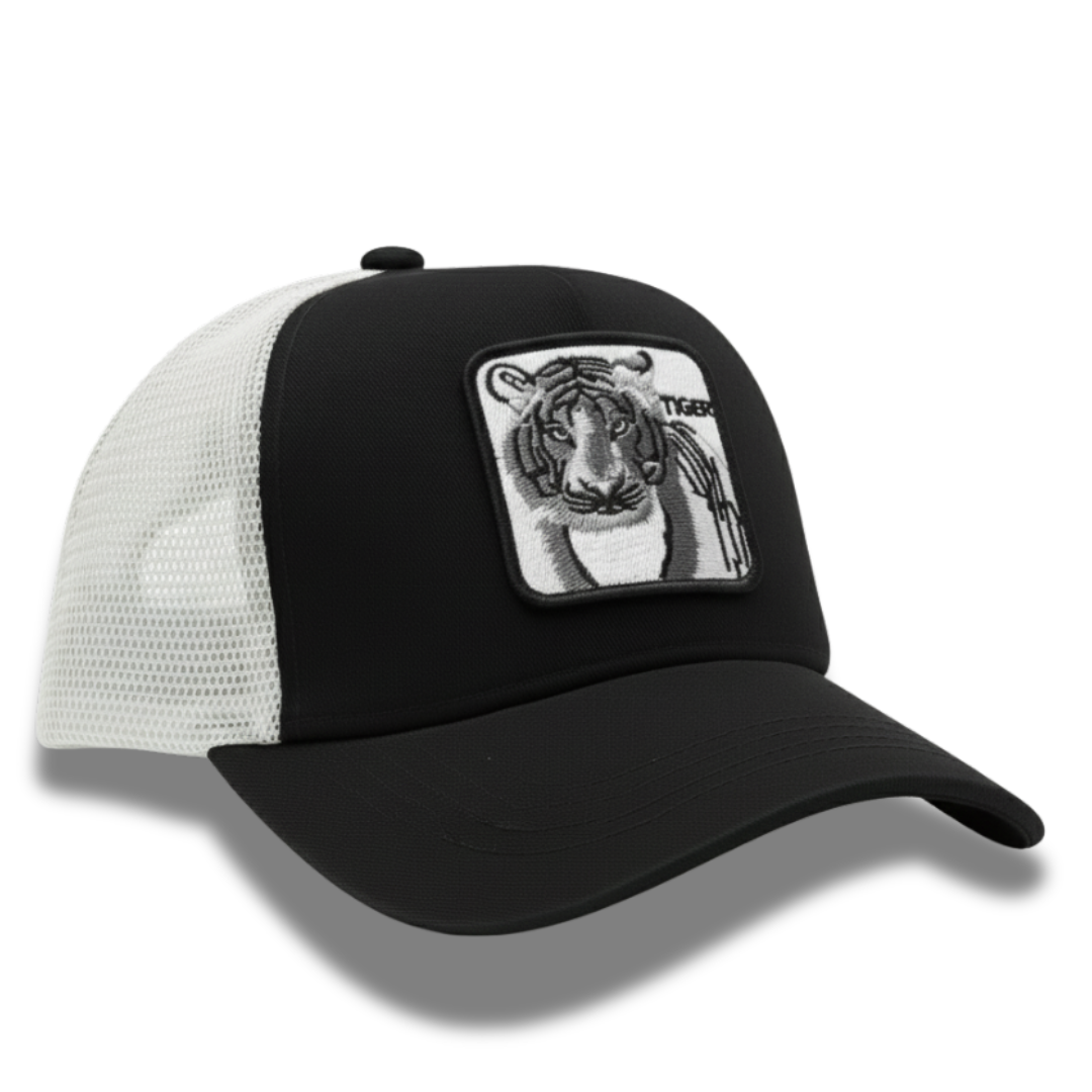 Black & White Tiger Patch Trucker Cap – Adjustable Fit, Premium Quality