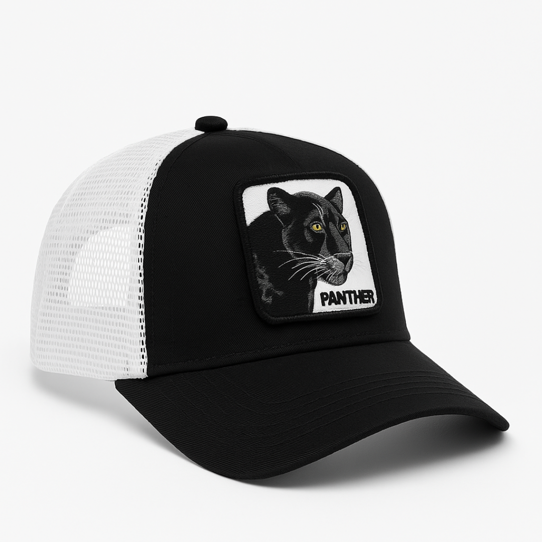 Black & White Panther Patch Trucker Cap – Adjustable Fit, Premium Quality
