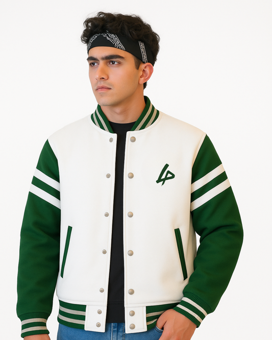 Elite Green & White Varsity Jacket – Premium Dual-Tone Collegiate Edition