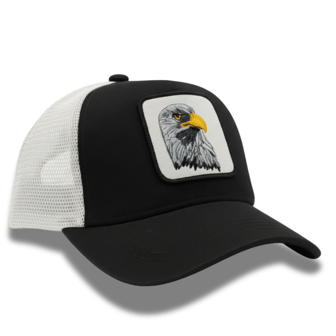 Black & White Eagle Patch Trucker Cap – Adjustable Fit, Premium Quality