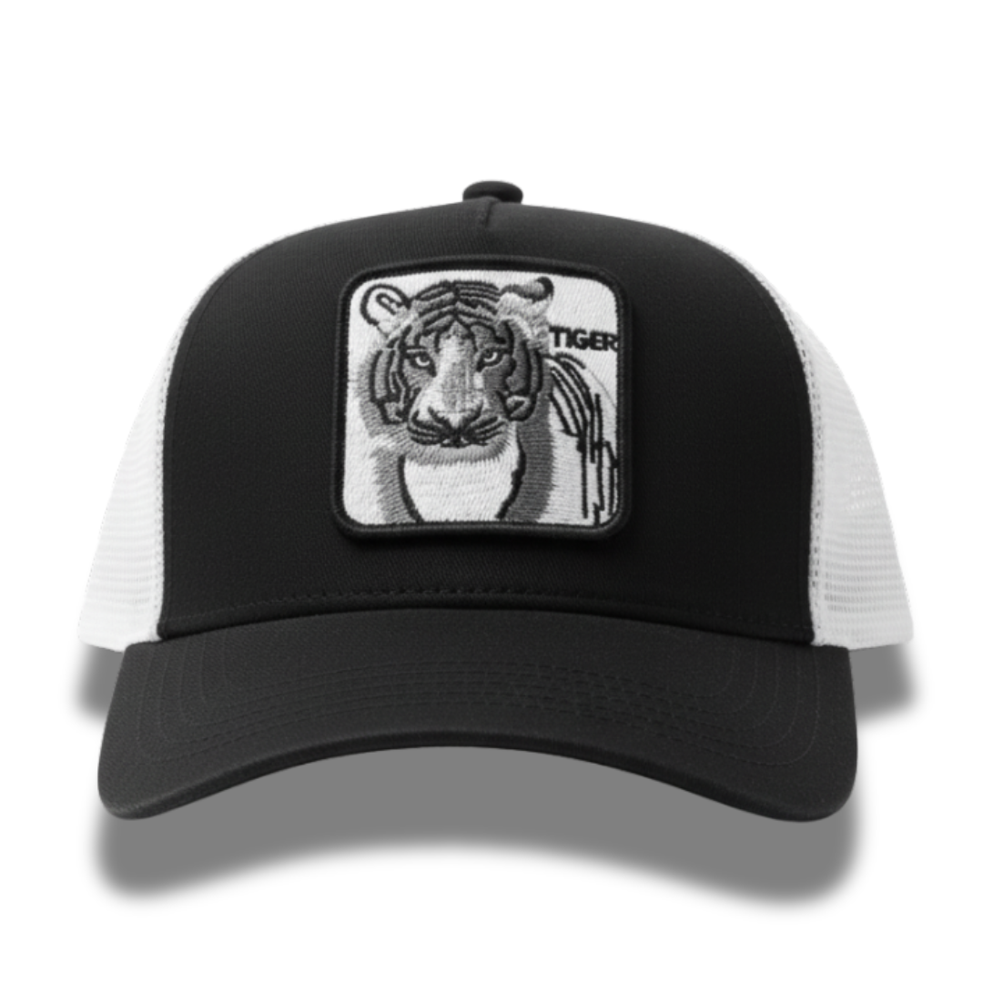 Black & White Tiger Patch Trucker Cap – Adjustable Fit, Premium Quality