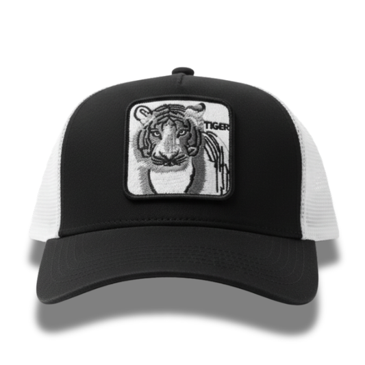 Black & White Tiger Patch Trucker Cap – Adjustable Fit, Premium Quality