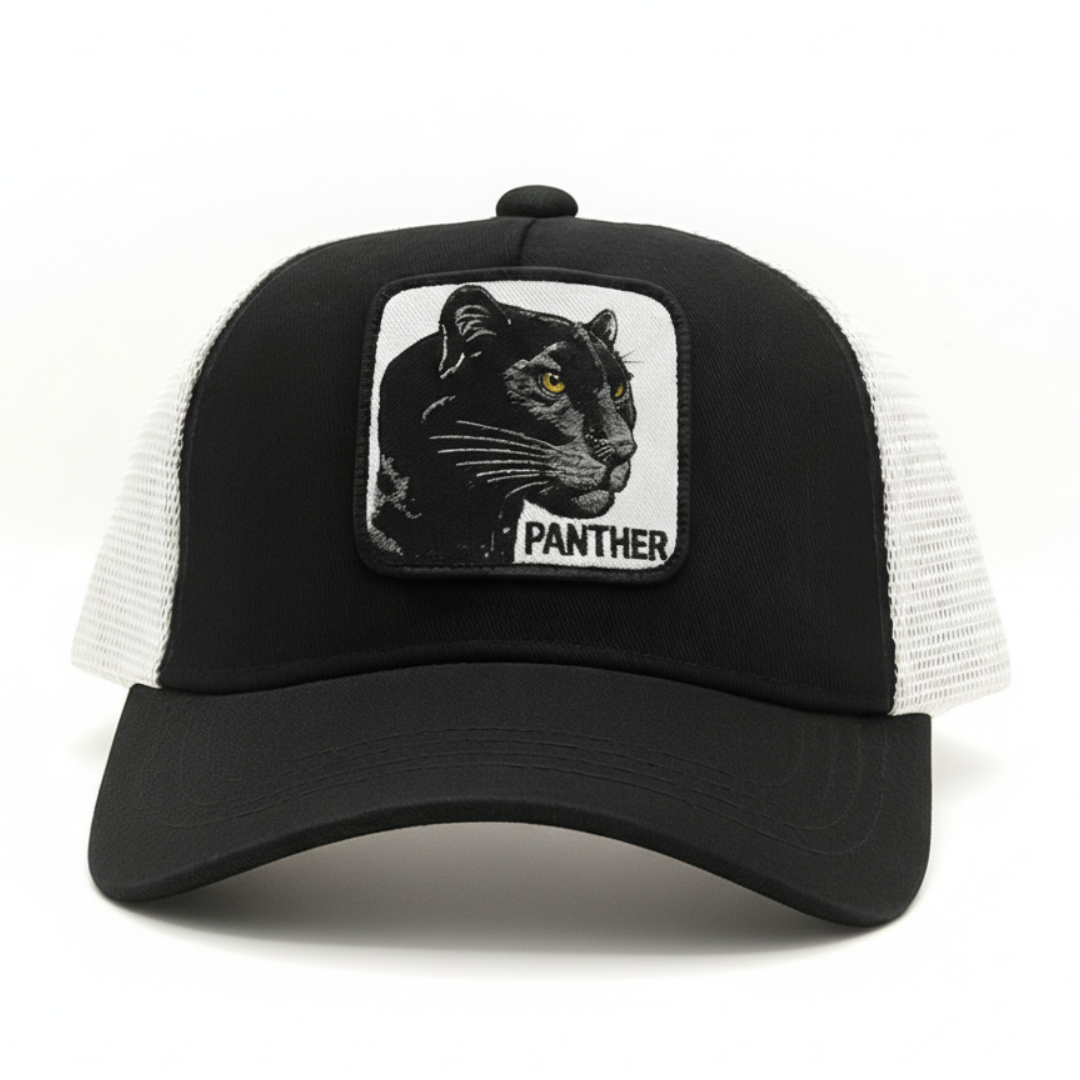 Black & White Panther Patch Trucker Cap – Adjustable Fit, Premium Quality